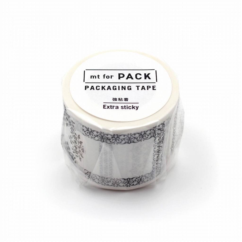 A roll of packaging tape with a floral pattern on it, labeled as "mt for PACK PACKAGING TAPE Extra sticky".