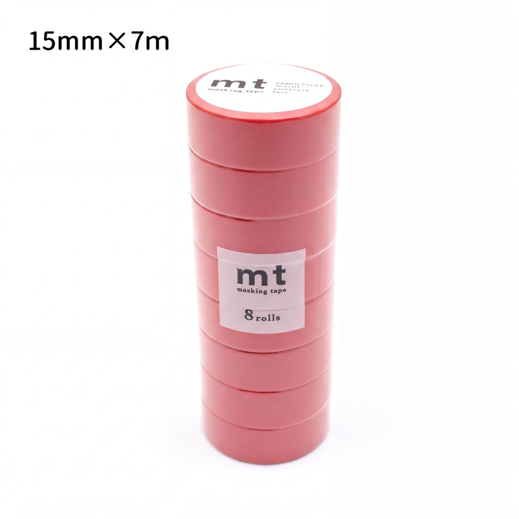 A stack of red masking tape rolls with the text "mt masking tape 8 rolls" printed on them.