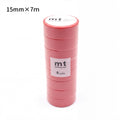 A stack of red masking tape rolls with the text "mt masking tape 8 rolls" printed on them.
