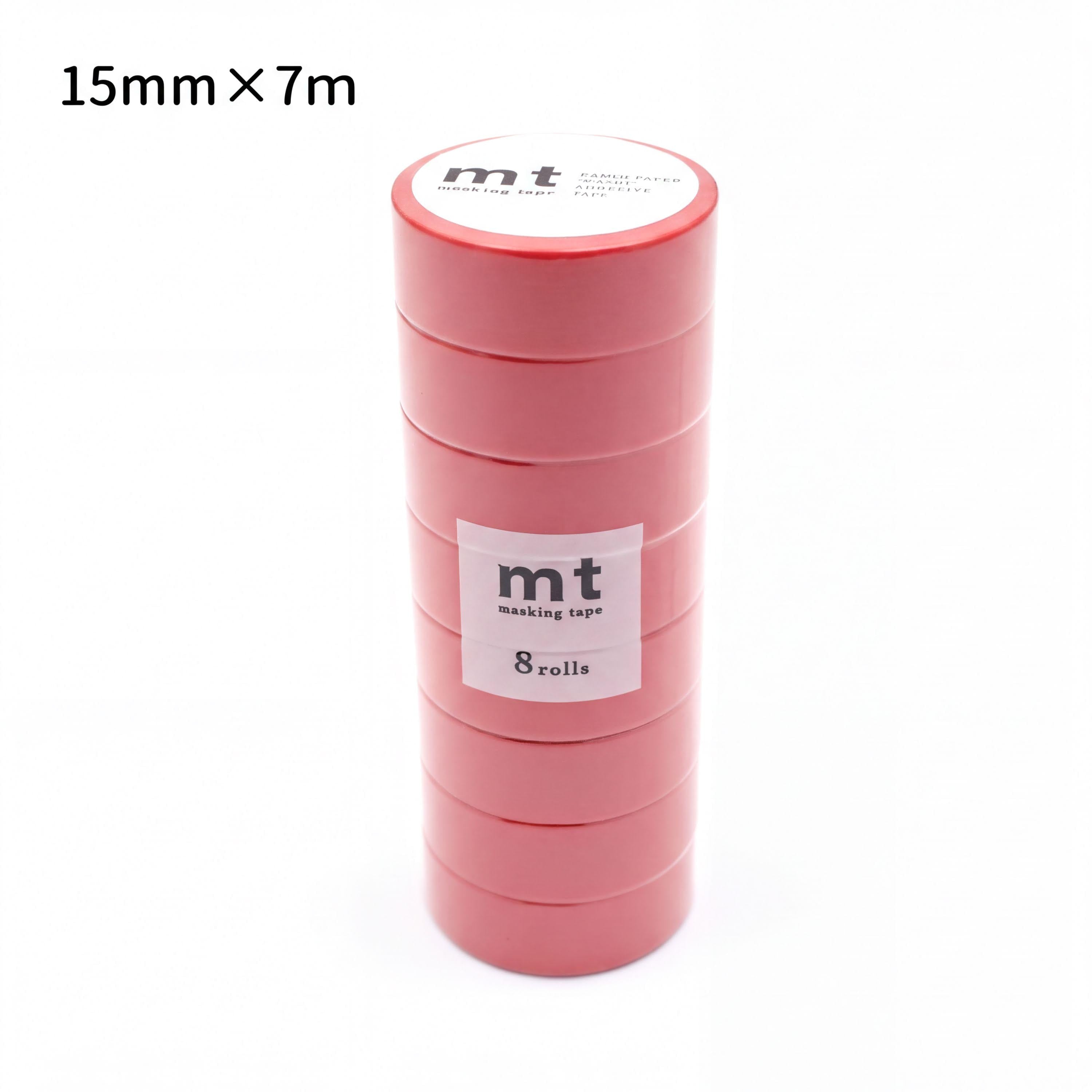 A stack of red masking tape rolls with the text "mt masking tape 8 rolls" printed on them.