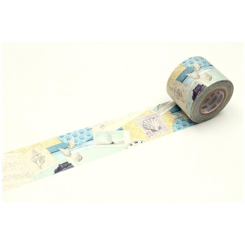 A roll of decorative tape with various seashell and beach-themed designs printed on it, lying on a white surface.