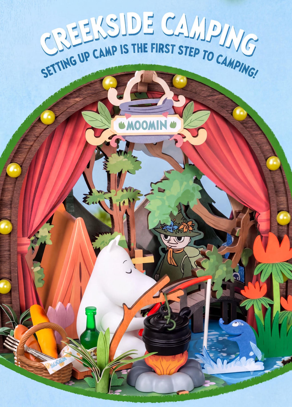 A whimsical, paper-cutout-style illustration of a camping scene, featuring various elements such as a tent, a campfire, and a character in a hat.