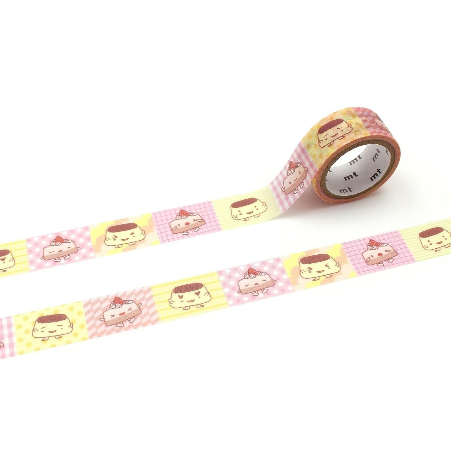 a roll of tape with a repeating pattern of cartoon-style cakes or pastries on it.