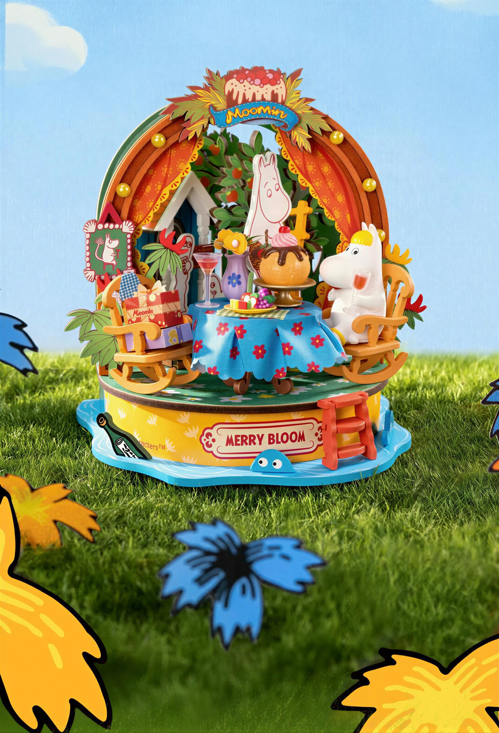 A whimsical, colorful toy set featuring various characters and objects, including a horse, flowers, and a sign that reads "Merry Bloom".