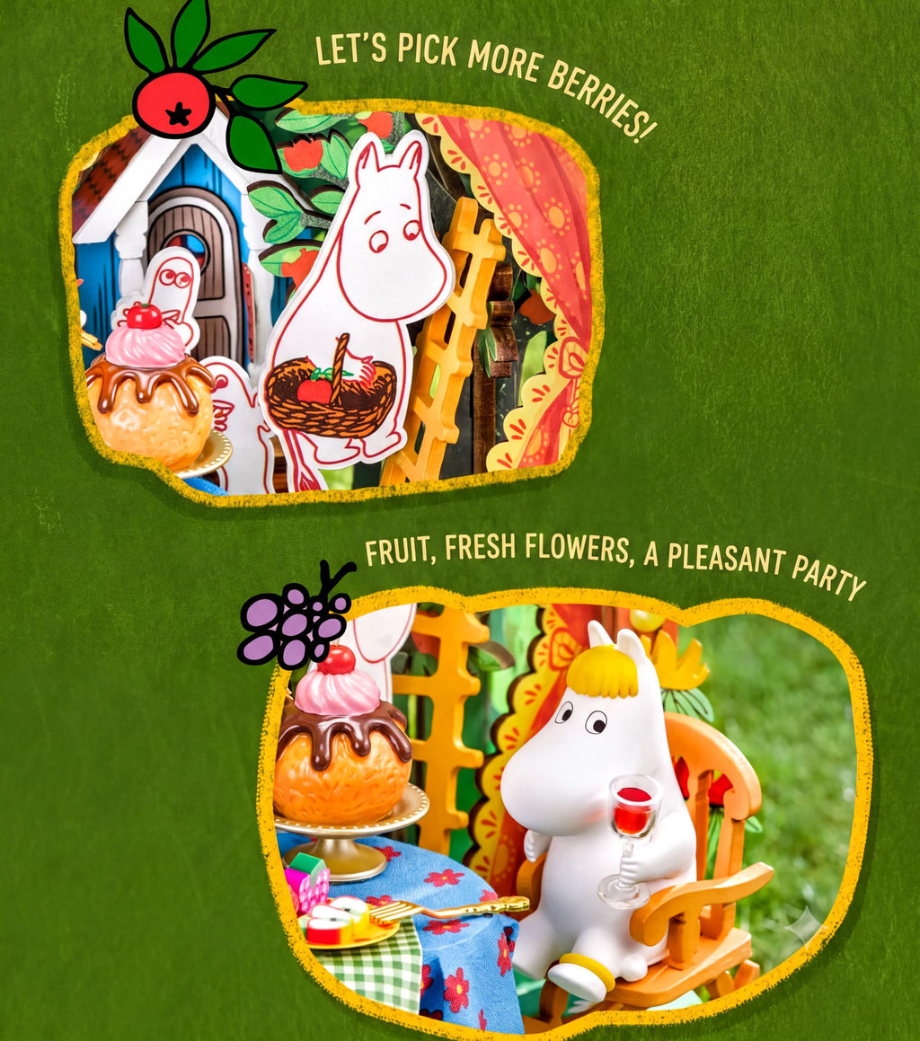 The image is a collage of two images featuring Moomo, a character from the Soskaloo series, in various settings. The first image shows Moomo holding a basket of berries, while the second image depicts Moomo sitting in a chair with a glass of wine, surrounded by fruit and flowers.