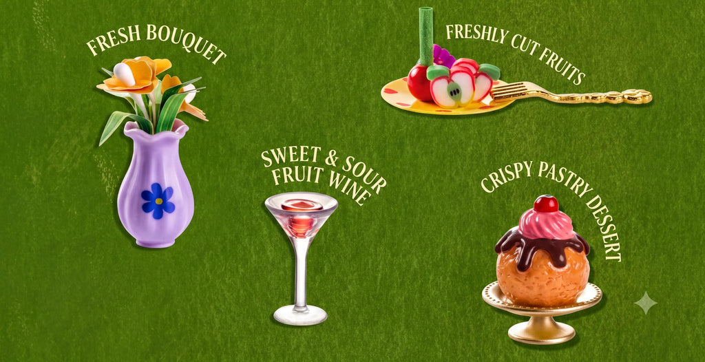 three different food items and drinks, including a bouquet of flowers, a plate of fresh cut fruits, a glass of wine, and a dessert.