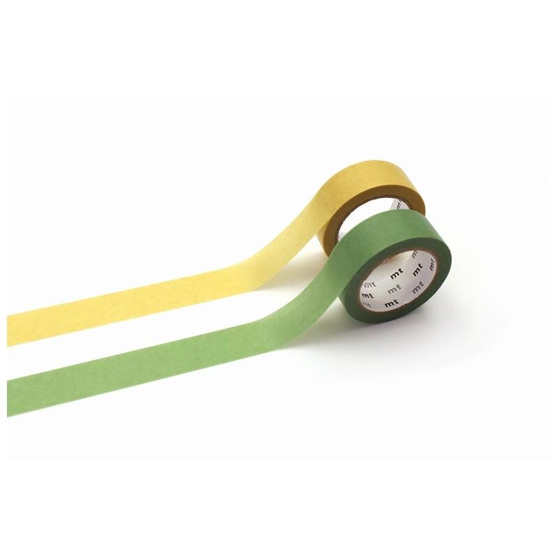 two rolls of green and yellow tape on a white background.