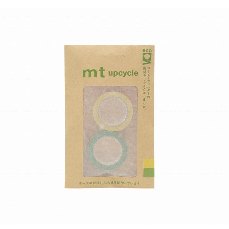a cardboard package with a green label that reads "mt upcycle" and features a picture of two circular objects.