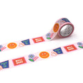 A roll of pink tape with various colorful stickers and text on it, including a smiley face, thumbs up, and the words "Well done" and "Keep it up".