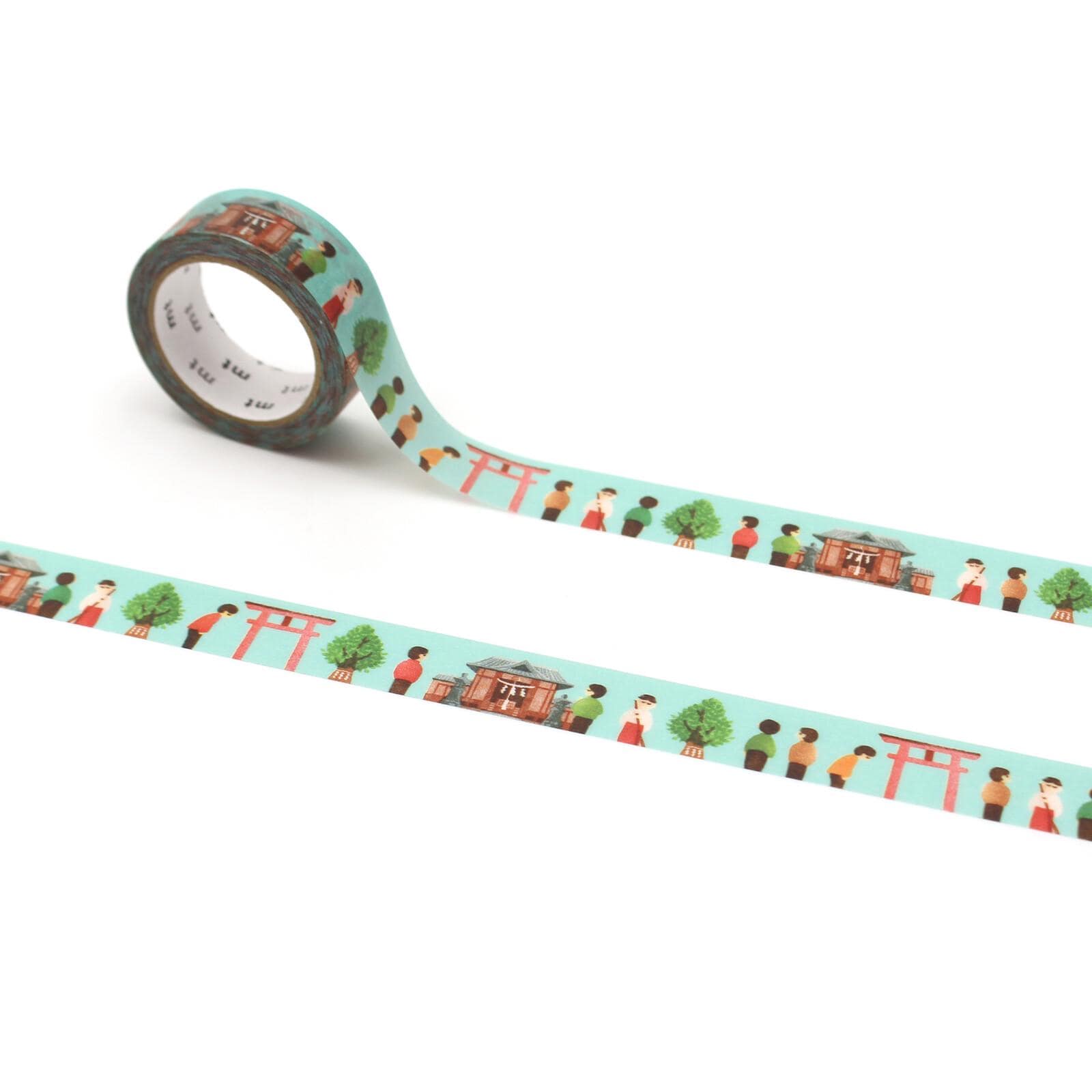 a roll of tape with a repeating pattern of people and trees on it, along with a white background.