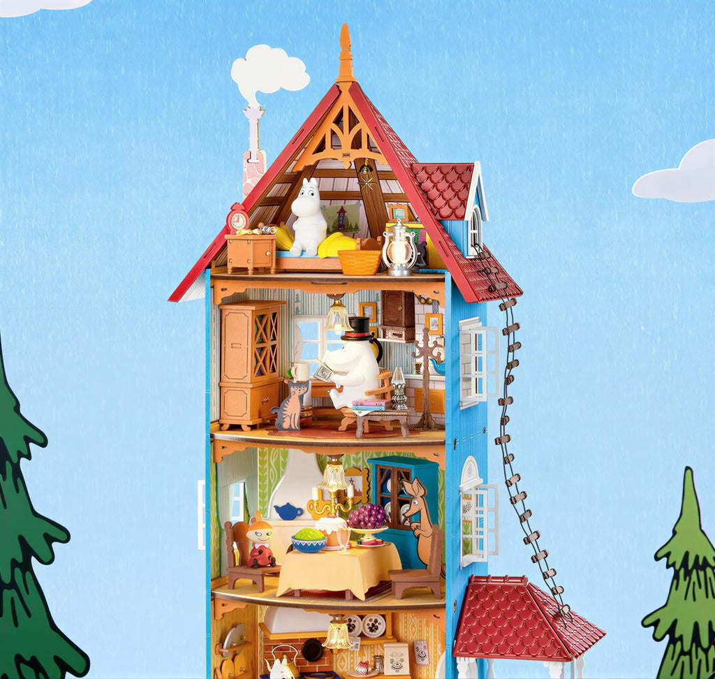A colorful and detailed dollhouse with various rooms and accessories, including a red roof, a chimney, and a clock.
