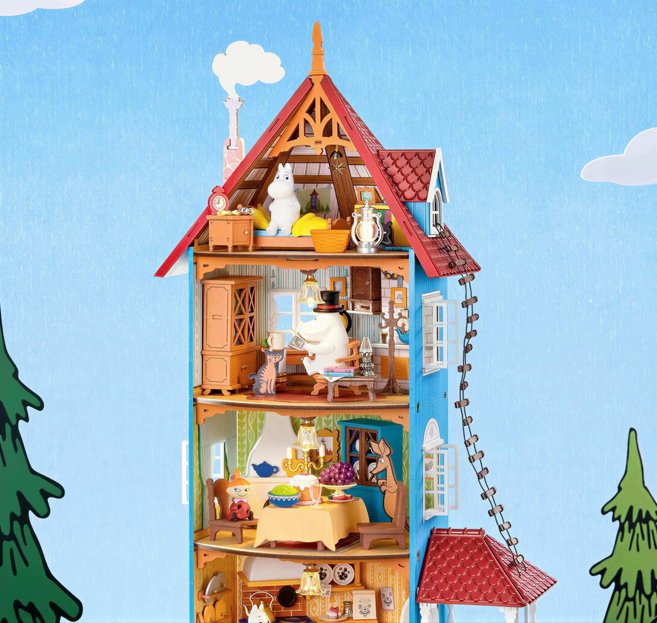 A colorful and detailed dollhouse with various rooms and accessories, including a red roof, a chimney, and a clock.