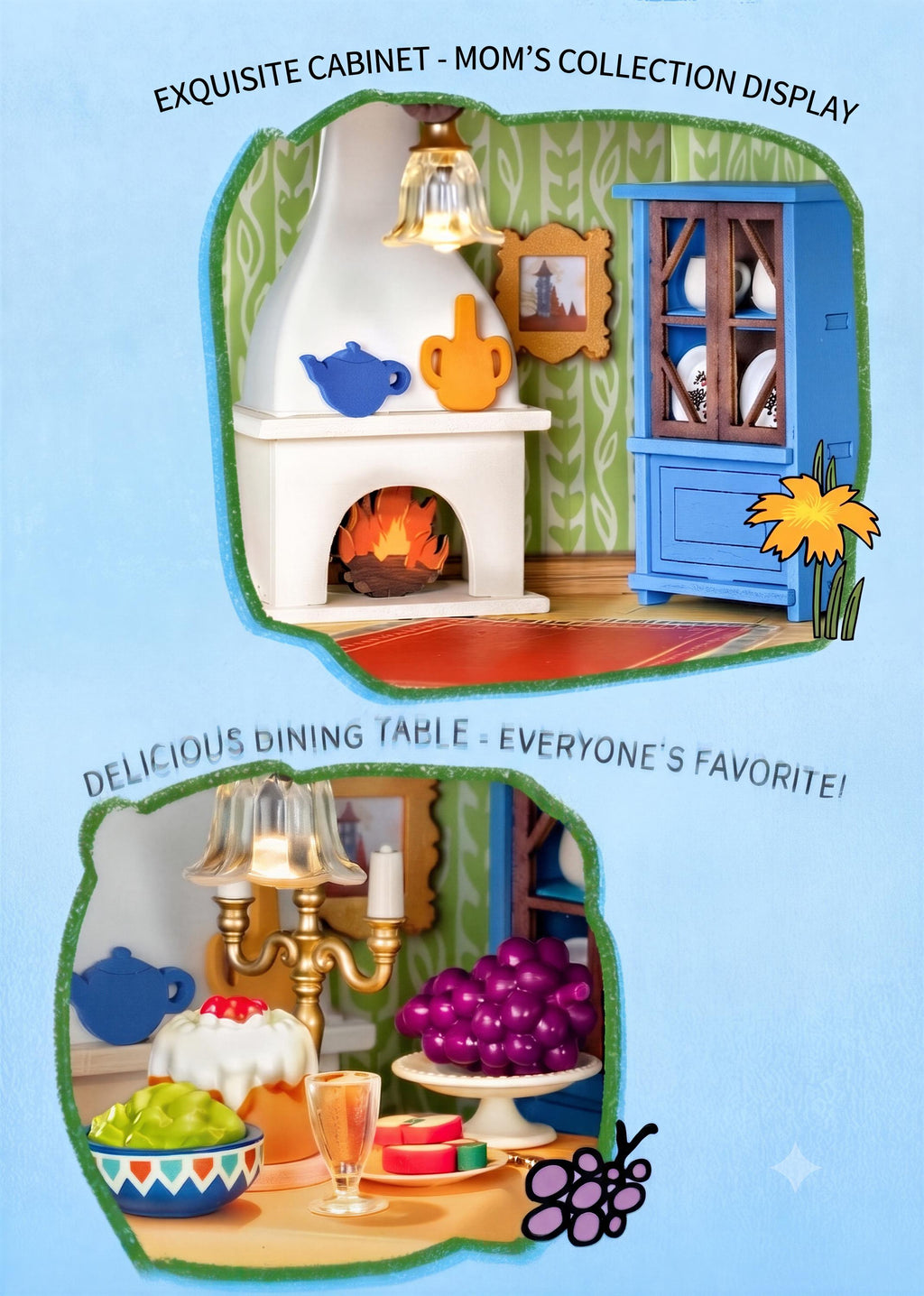 The image is a collage of two pictures, each depicting a different scene related to a kitchen setting. The first image shows a white oven with a blue teapot on top, and the second image depicts a dining table with a plate of food and a bowl of fruit.