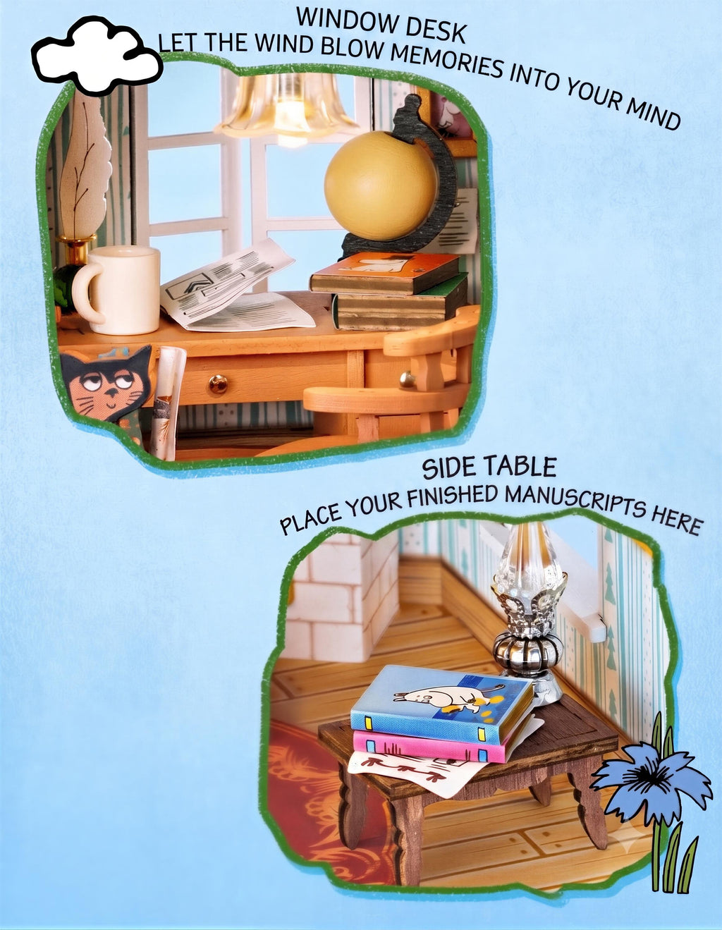 The image is a collage of two photos depicting a wooden desk and a side table. The desk has a lamp, a book, and a coffee cup on it, while the side table has a lamp, a book, and a vase. The text above the images encourages the viewer to let the wind blow memories into their mind, and to place their finished handwritten notes on the side table.