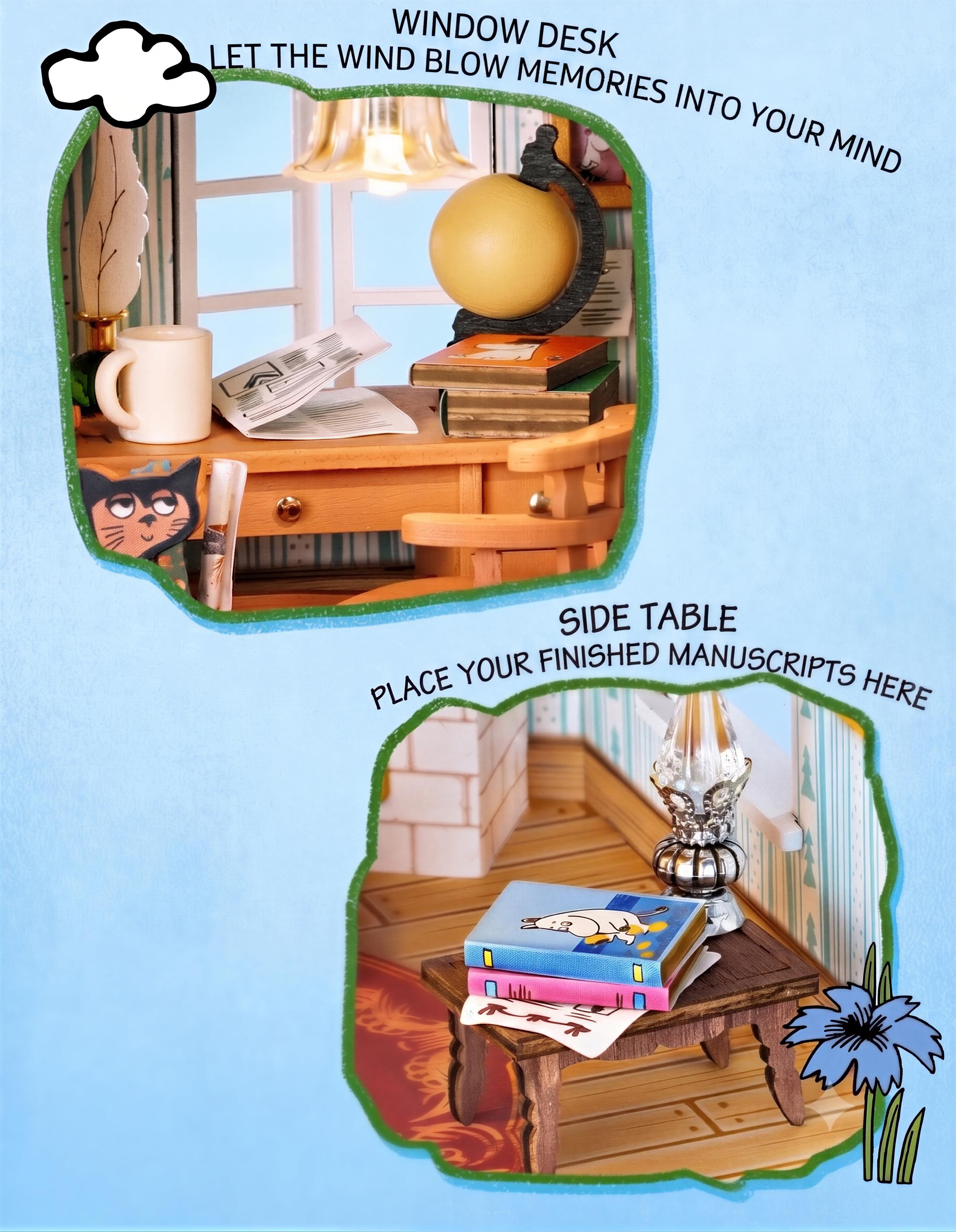 The image is a collage of two photos depicting a wooden desk and a side table. The desk has a lamp, a book, and a coffee cup on it, while the side table has a lamp, a book, and a vase. The text above the images encourages the viewer to let the wind blow memories into their mind, and to place their finished handwritten notes on the side table.