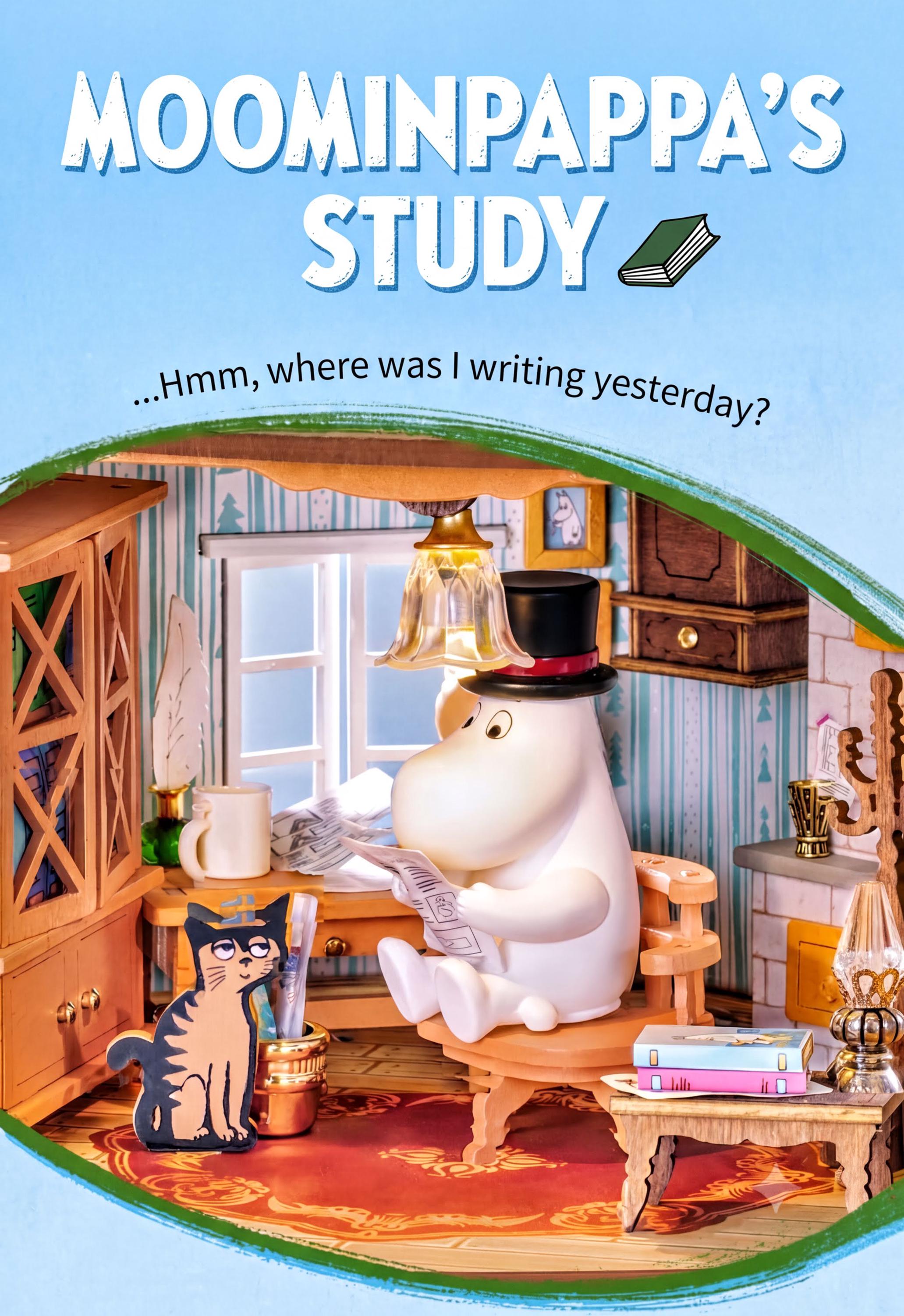 The image is a collage of various scenes, including a cat, a book, a lamp, and a desk with a person sitting at it. The text above the image reads "Moominpappppa's STUDY" and there is a question about where the person was writing the previous day.
