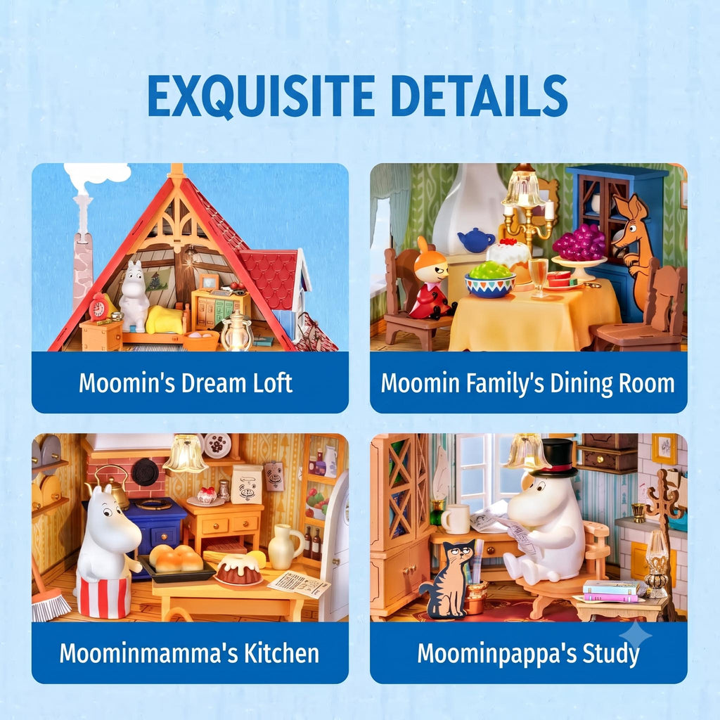 The image is a collage of four different scenes featuring various Moomin characters and their respective environments.