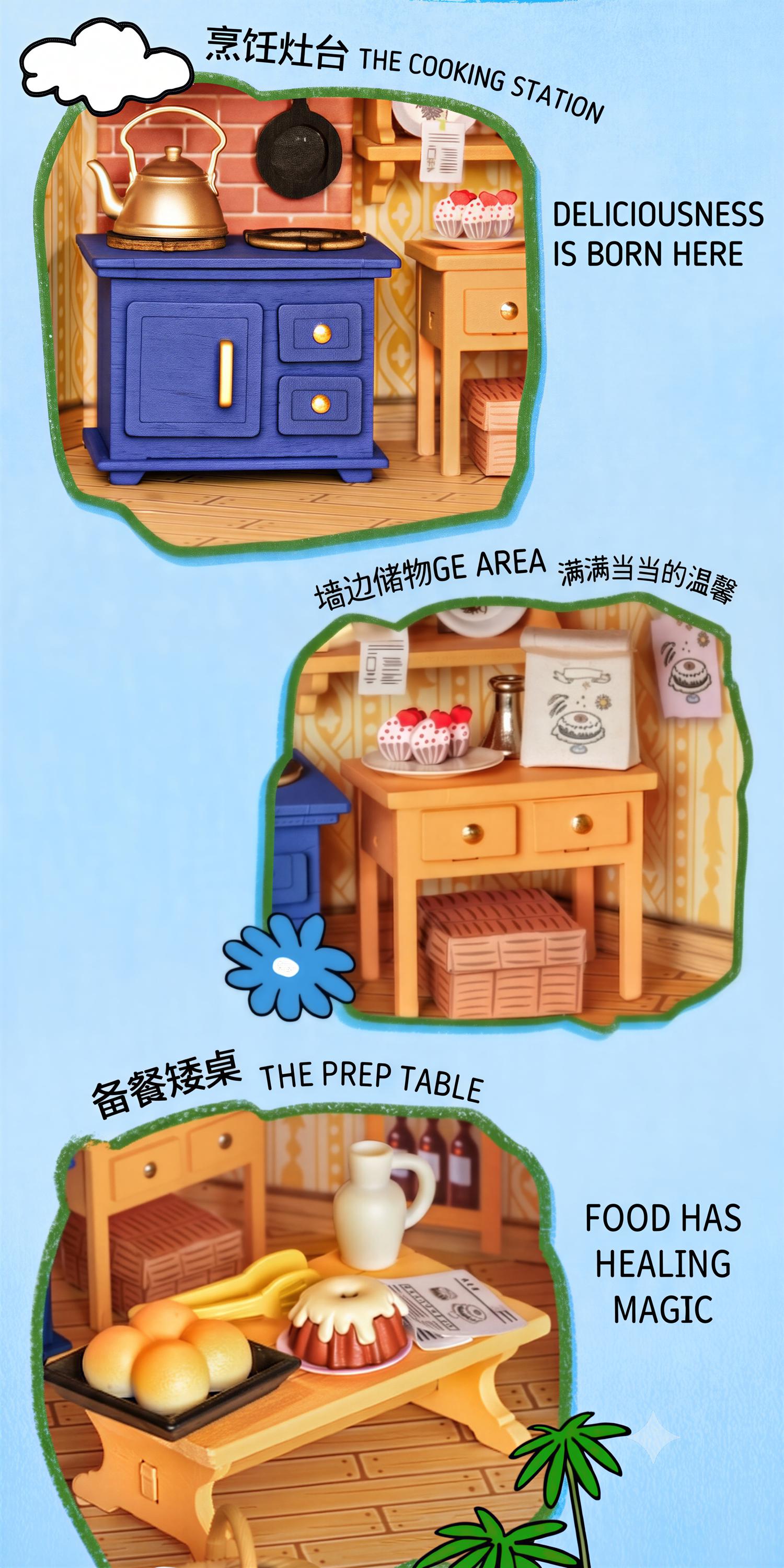 The image is a collage of three smaller images depicting a kitchen scene, a dining table, and a preparation table.