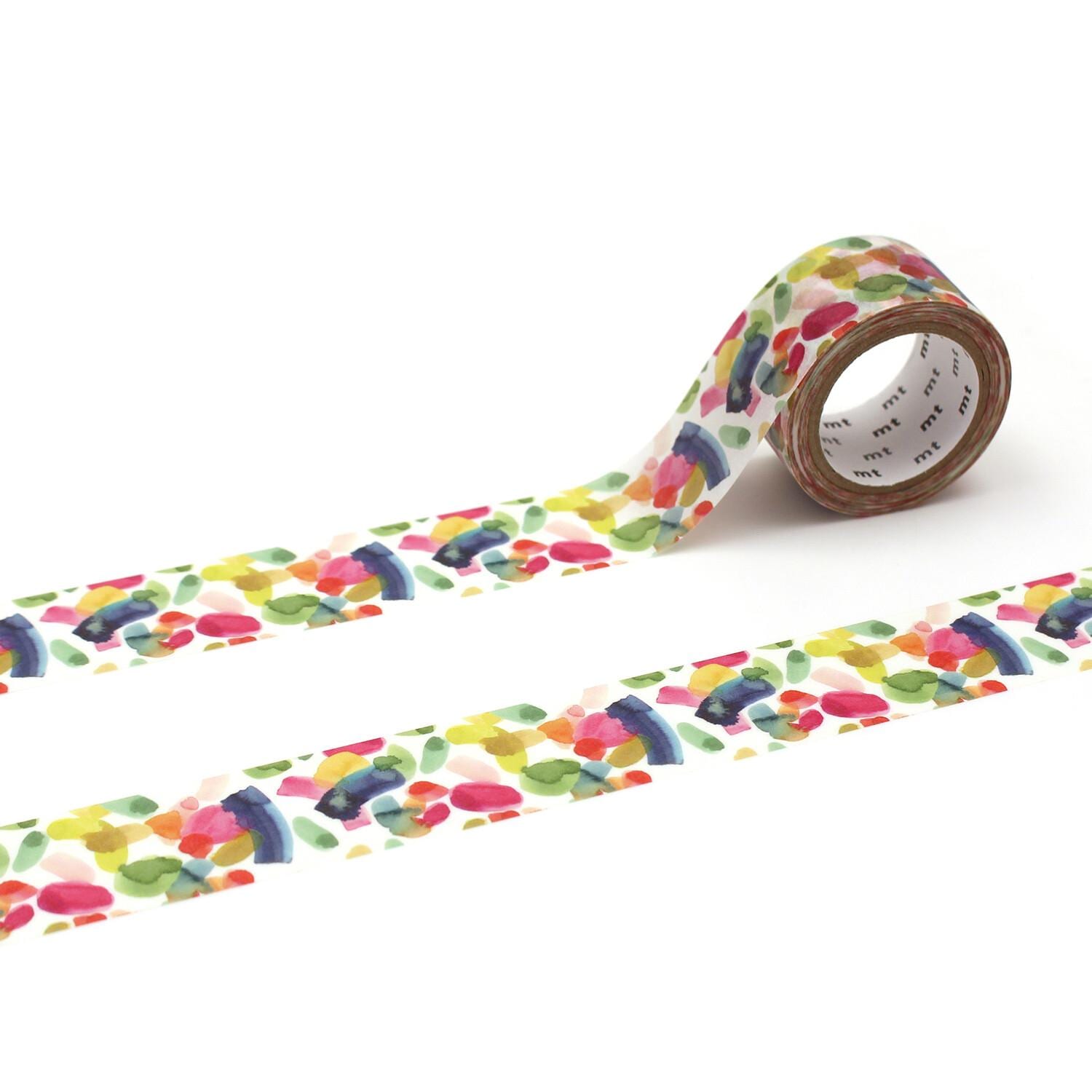 a roll of colorful patterned tape with a vibrant design of multicolored shapes and lines.