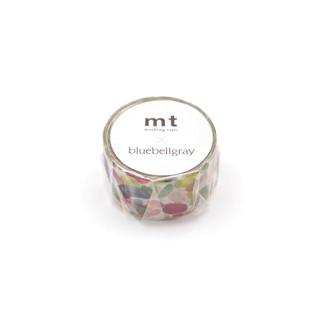 A container of bluebell gray tape with a colorful pattern.