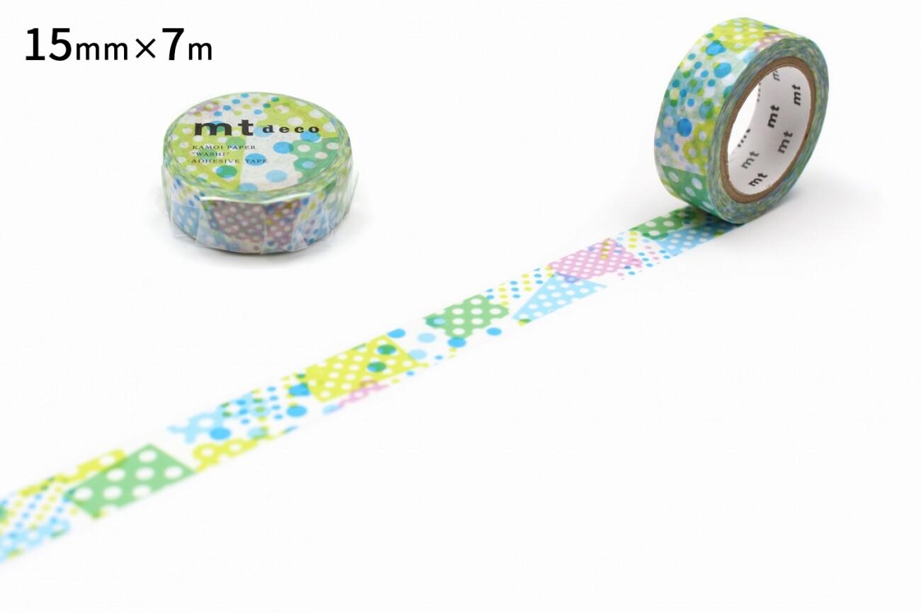 two rolls of colorful polka dot patterned tape on a white background.