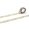 a roll of patterned tape with a repeating design of green, blue, and orange colors. The tape is lying on a white surface, with one end facing upwards and the other end facing downwards.