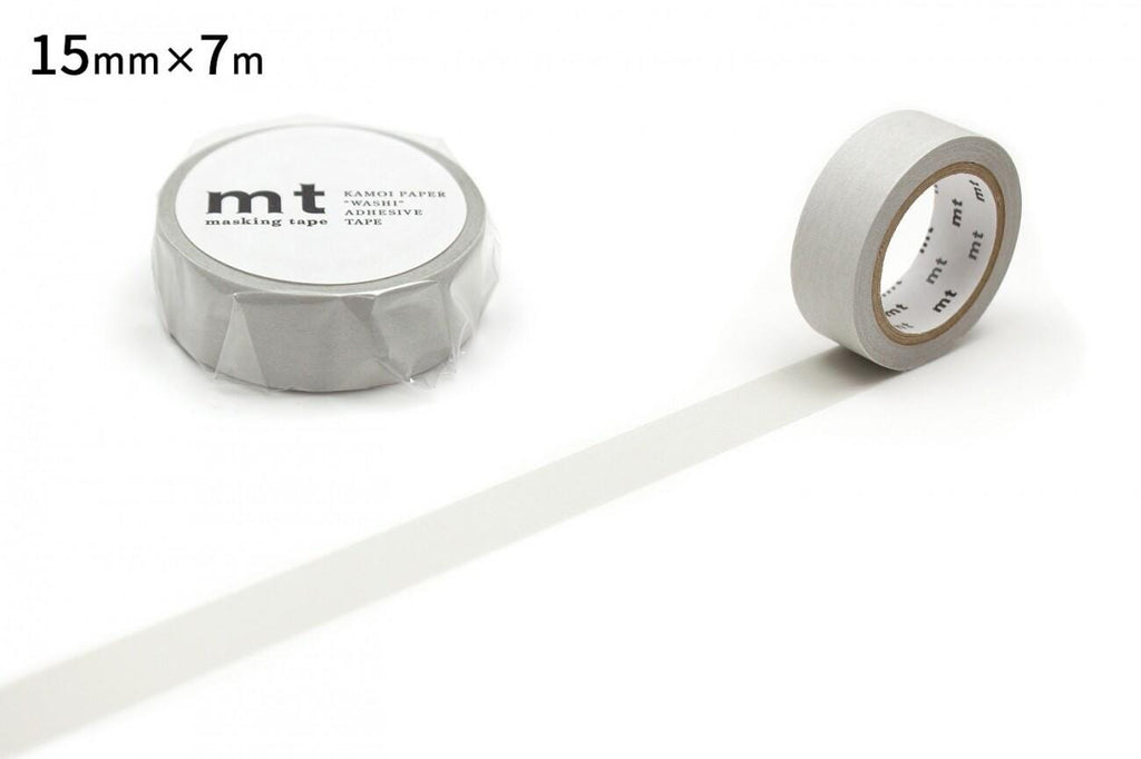 two rolls of masking tape, one with a label and the other without a label. The masking tape is white and has a label that reads "15mm x 7m".