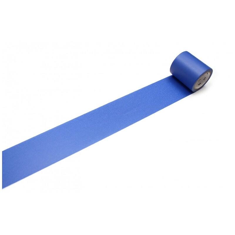 A roll of blue tape is lying on its side on a white background.