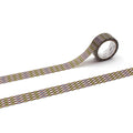 a roll of patterned tape with a checkered design, lying on a white surface.