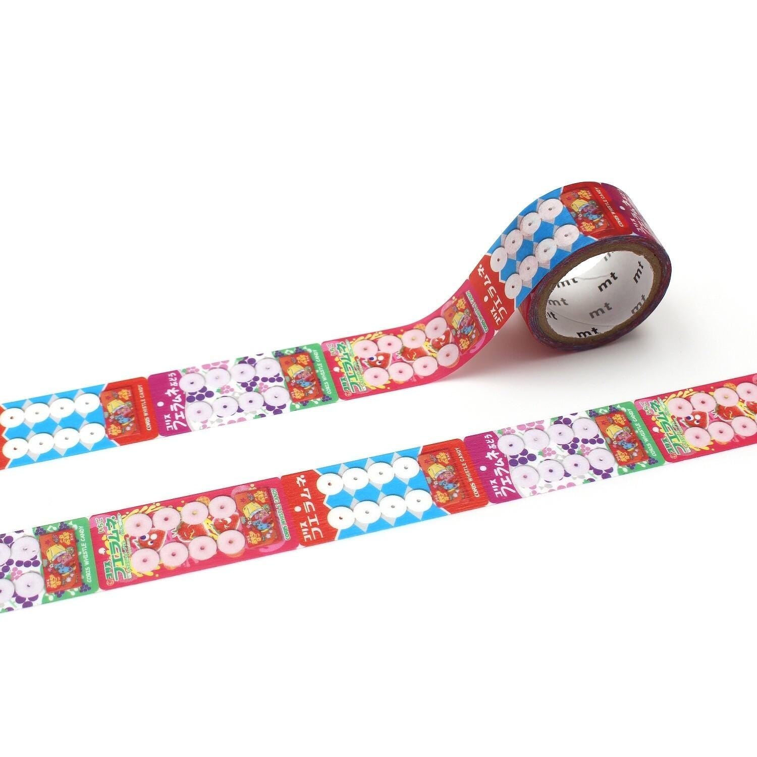 a roll of colorful tape with a repeating pattern of circles and various other shapes in different colors.