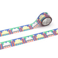 a roll of colorful patterned tape with a repeating design of clouds and stripes.