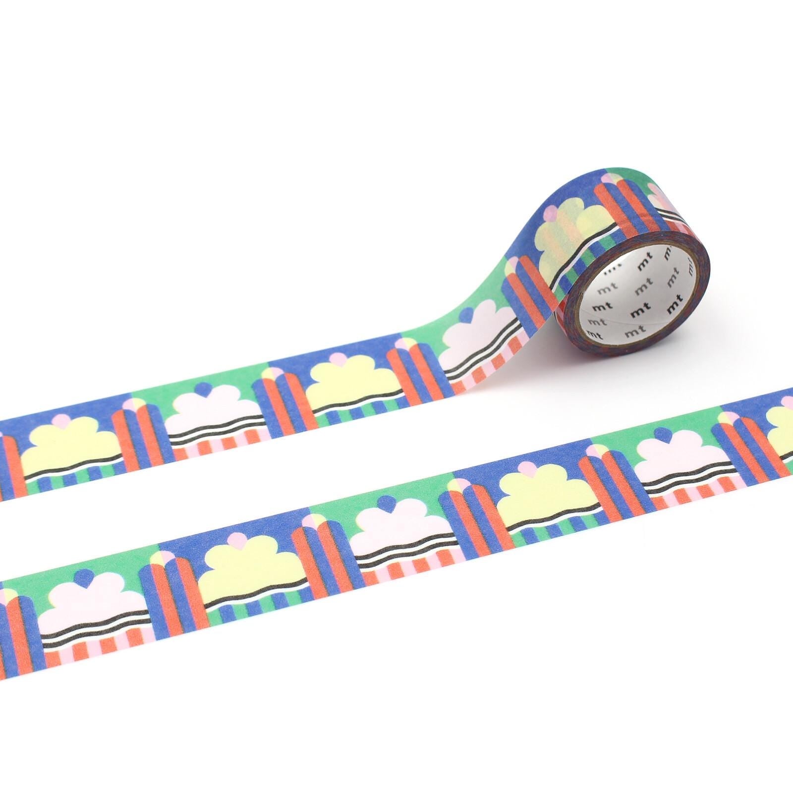 a roll of colorful patterned tape with a repeating design of clouds and stripes.