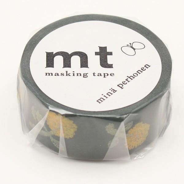 A roll of black and white masking tape with a floral pattern.
