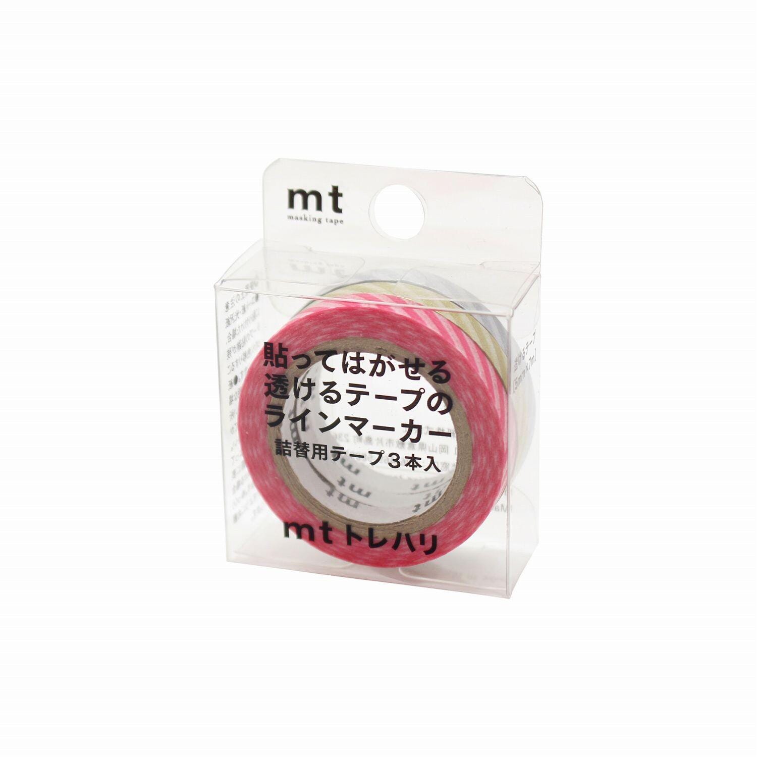 A clear plastic packaging containing a pink and white striped tape roll.