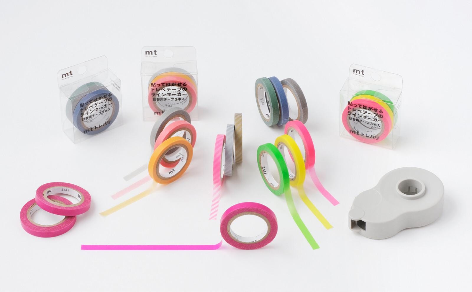 a variety of colorful tape rolls and a white tape dispenser, arranged on a white background.