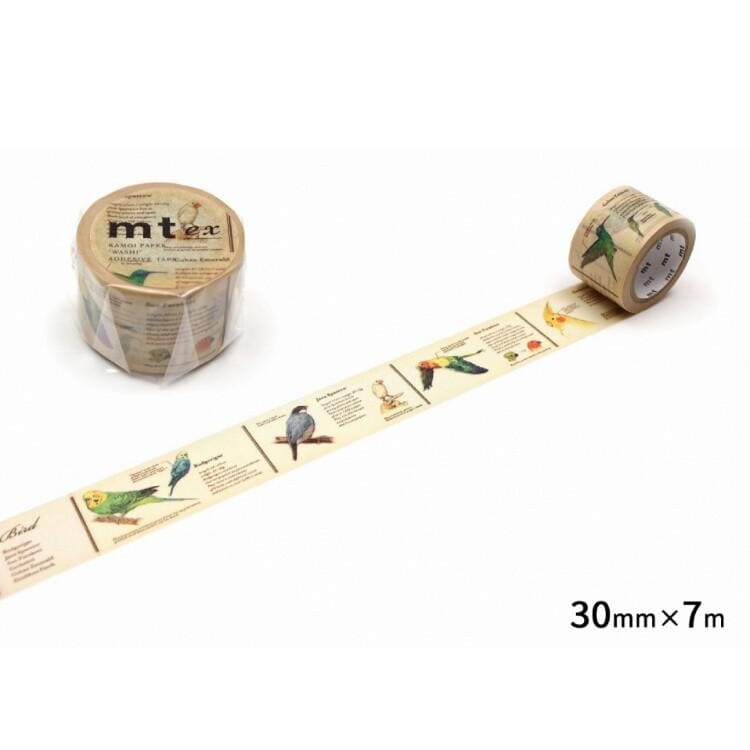a roll of tape with a variety of bird illustrations on it, along with some text. The tape is placed on a white surface, and there is a roll of tape next to it.