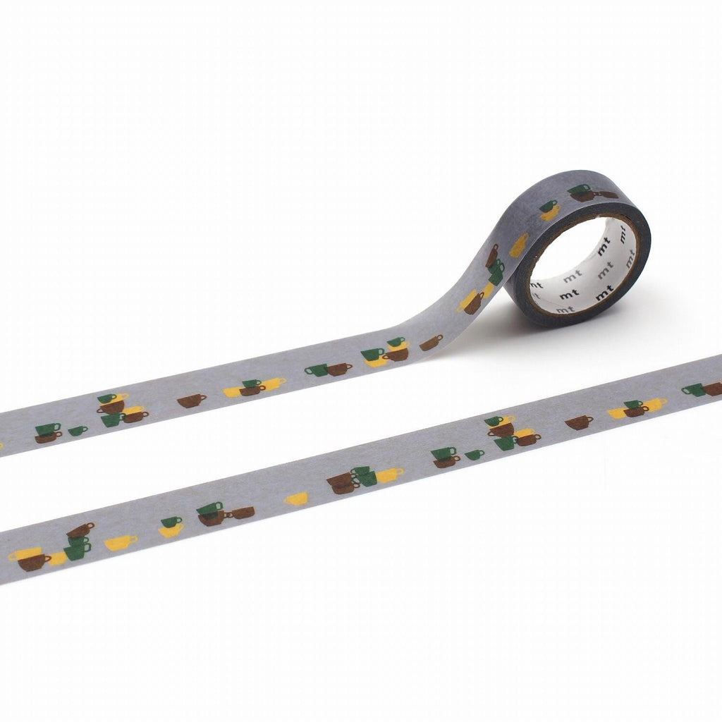 a roll of gray tape with a repeating pattern of green and brown cups on it.
