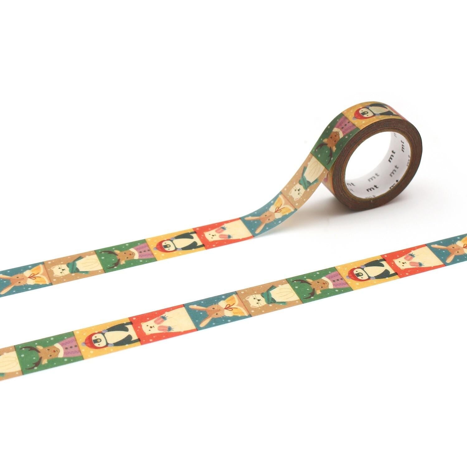 a roll of colorful animal-themed tape with a pattern of various animals, including penguins, bears, and cats, arranged in a repeating design.