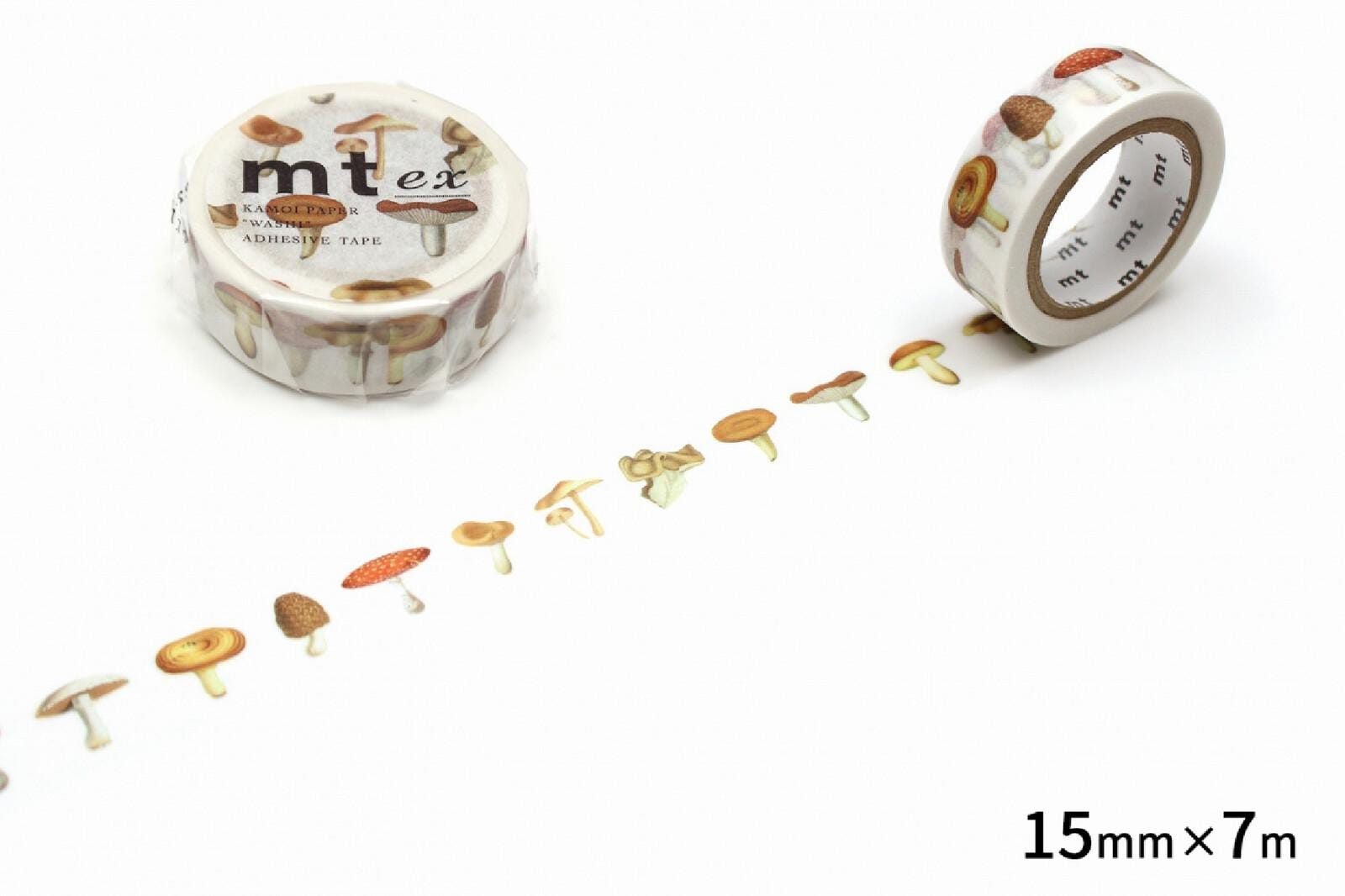 a roll of adhesive tape with a pattern of mushrooms on it, along with a line of mushrooms on a white background.