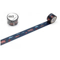a roll of blue and red patterned tape with a cat design, and a roll of black and white patterned tape with a fish design, both sitting on a white surface.