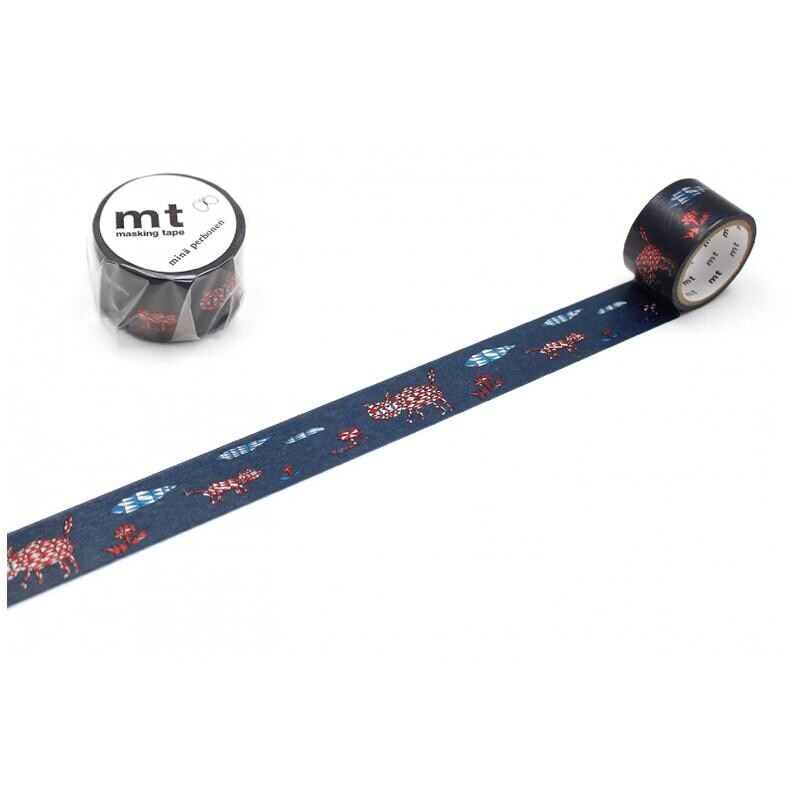 a roll of blue and red patterned tape with a cat design, and a roll of black and white patterned tape with a fish design, both sitting on a white surface.