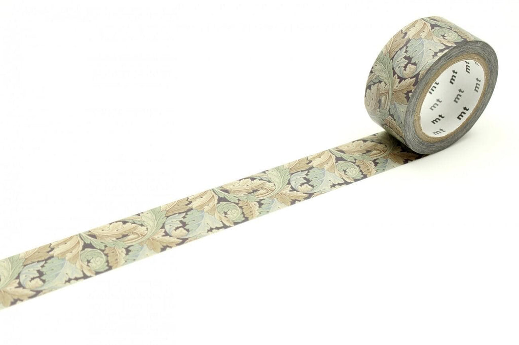 A roll of patterned tape with a repeating leaf design on it, lying on a white surface.