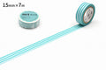 a roll of blue and white striped tape and a single roll of tape on a white background.