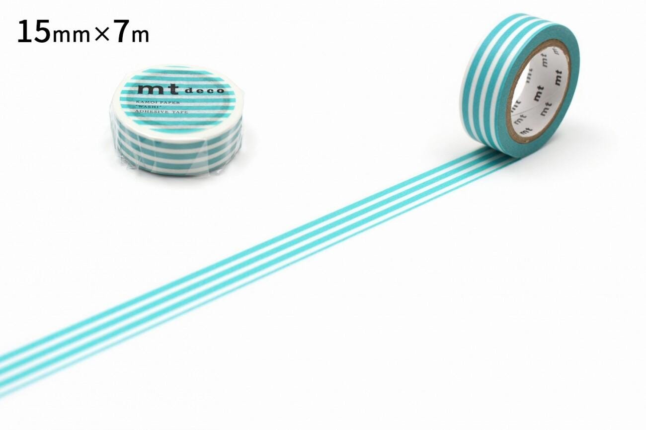 a roll of blue and white striped tape and a single roll of tape on a white background.
