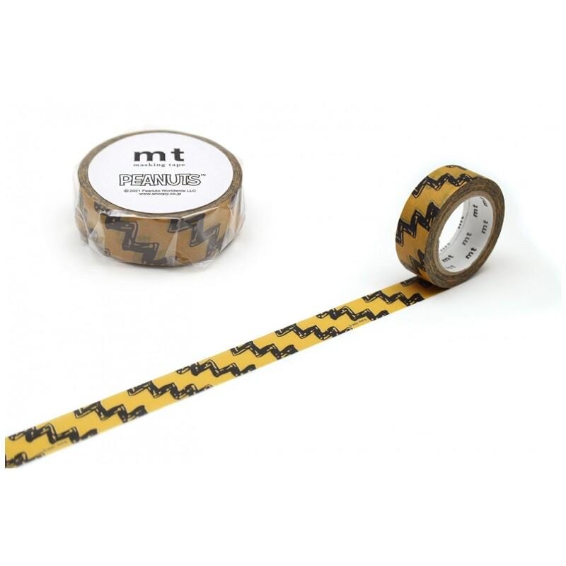 a roll of yellow and black tape with a zigzag pattern, and a single roll of tape is placed next to it.