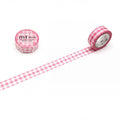 a pink and white checkered tape roll and a roll of tape on a white background.