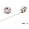 two rolls of colorful, patterned tape with a floral design. The tape is placed on a white background, and there is a text indicating the size of the tape.