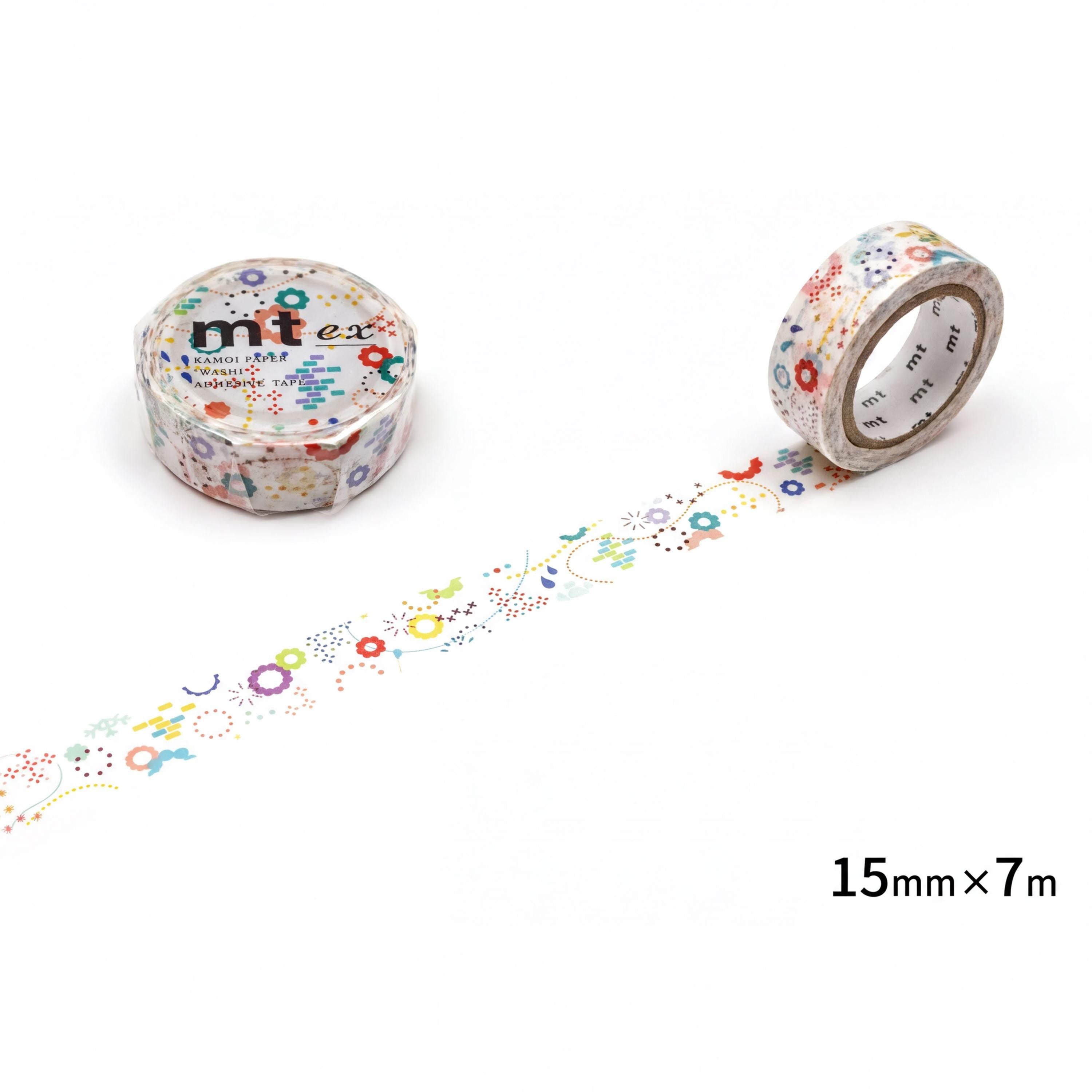 two rolls of colorful, patterned tape with a floral design. The tape is placed on a white background, and there is a text indicating the size of the tape.