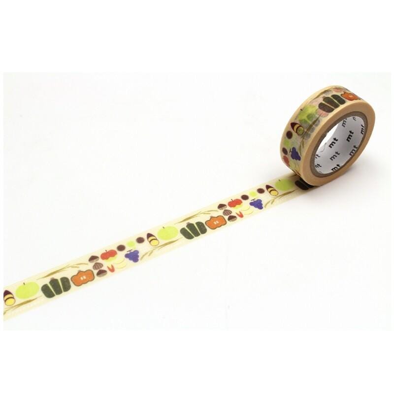 A roll of colorful patterned tape with a repeating design of various objects, such as leaves, flowers, and fruits, laid out on a white background.