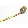 A roll of colorful patterned tape with a repeating design of various objects, such as leaves, flowers, and fruits, laid out on a white background.